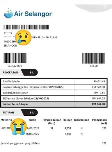 Bil air tinggi dengan jumlah RM643.50 yang menambah beban komitmen bulanan