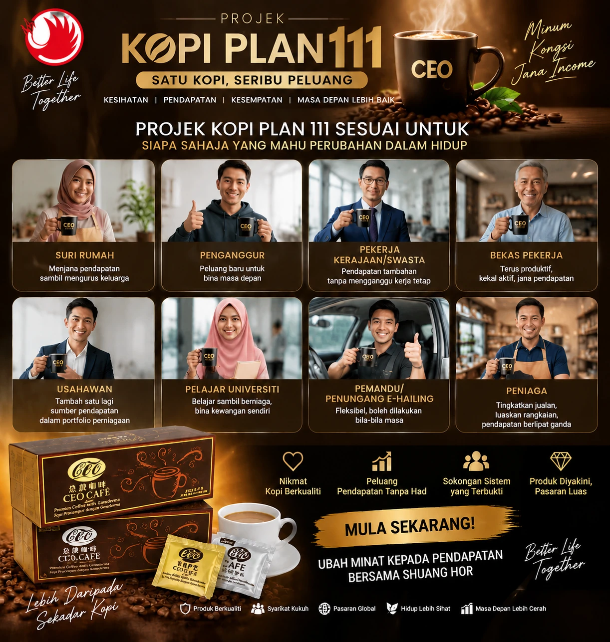 Poster Projek Kopi Plan 111 — sesuai untuk suri rumah, penganggur, pekerja, usahawan, pelajar, pemandu e-hailing dan peniaga
